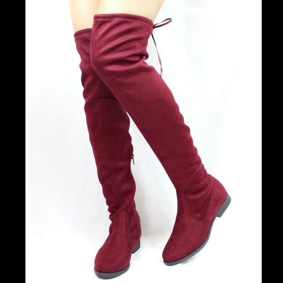 thigh high red flat boots